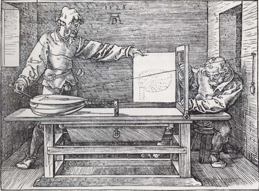 Jacopo de Barbari Man Drawing a lute with the monogram of the artist from the Manual of Measure-ment